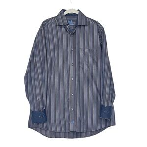 Bugatchi‎ Uomo Shirt Mens Medium Grey Blue Striped Flip Cuff Classic Fit Cotton